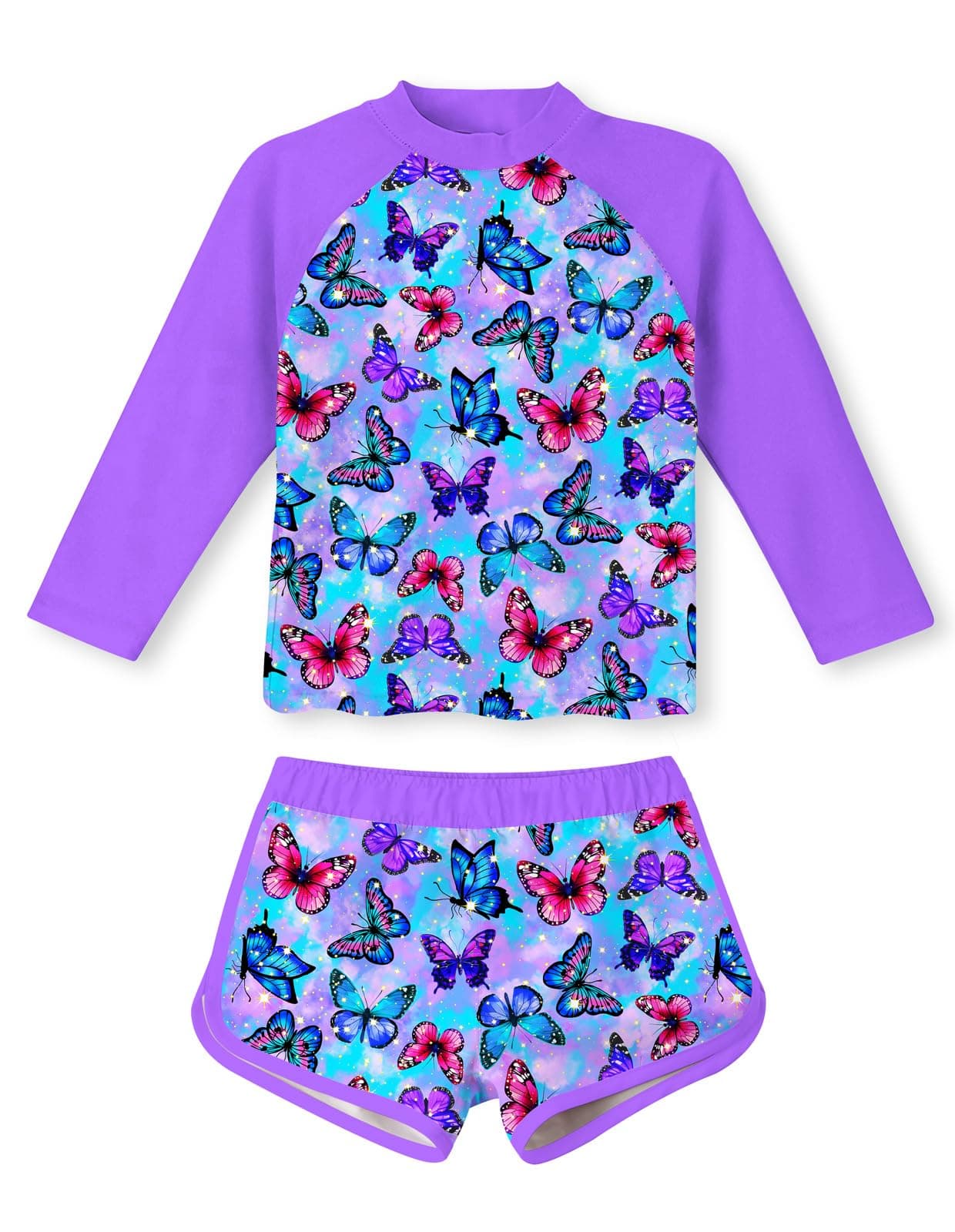 4t Girls 2-Piece Swimsuit UV Protective Purple Butterflies Swimming Suits Long Sleeve Top and Swim Shorts Two Pieces Set for 4 Year Old Girl Bathing Suit