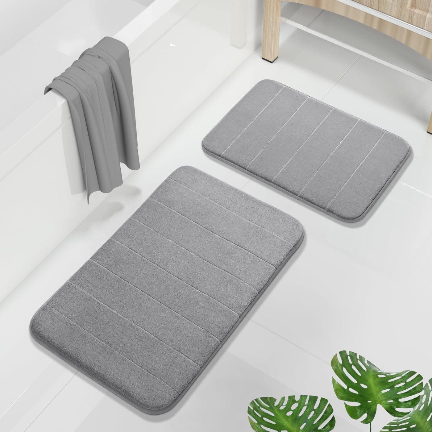 Yimobra Memory Foam Bathroom Rugs Sets 2 Piece Super Soft Absorbent Quick Dry Bath Mat Set Machine Washable Non Slip Floor Carpet for Tub Shower Single Sink 17x24 315x20 Inch Gray