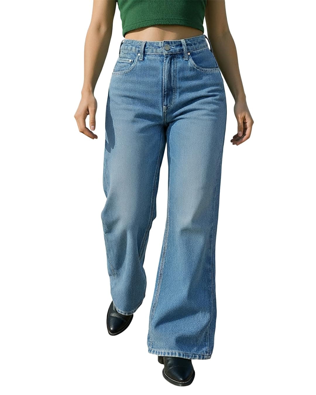 Bewakoof Women's Solid Wide Leg Cotton Baggy Jeans_625175_Blue_32