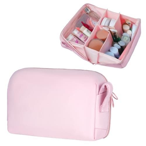 FINEASY Makeup Bag Travel Cosmetic Bag Water Resistant Wide Open Makeup Organizer with Multiple Compartments Double Zippers Machine Washable Portable Cosmetic Case for Weekend Trips Daily Use