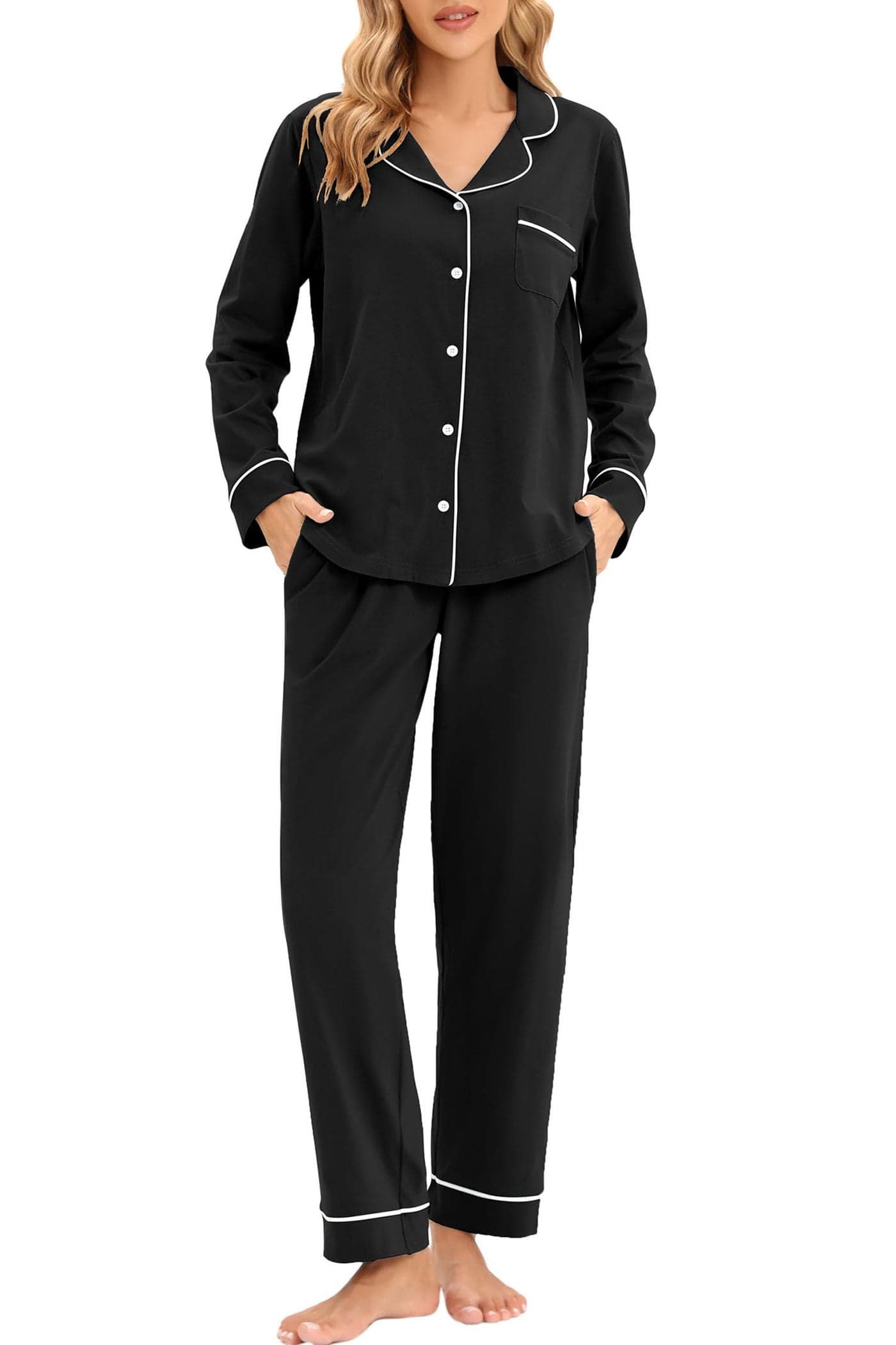 LUBOT Women's Pajamas Set Cotton PJ Set for Women Long Sleeve Button-Down Shirt PJ Pants Two-piece Set Warm Night Suit Sleepwear Loungewear (Black, 2XL)