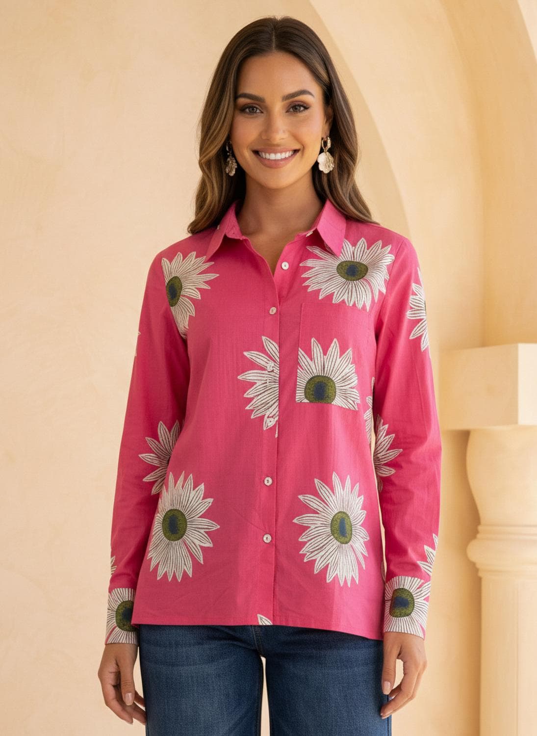 Globus Women Pink Floral Print Shirt Style Tunic with Collared Neck
