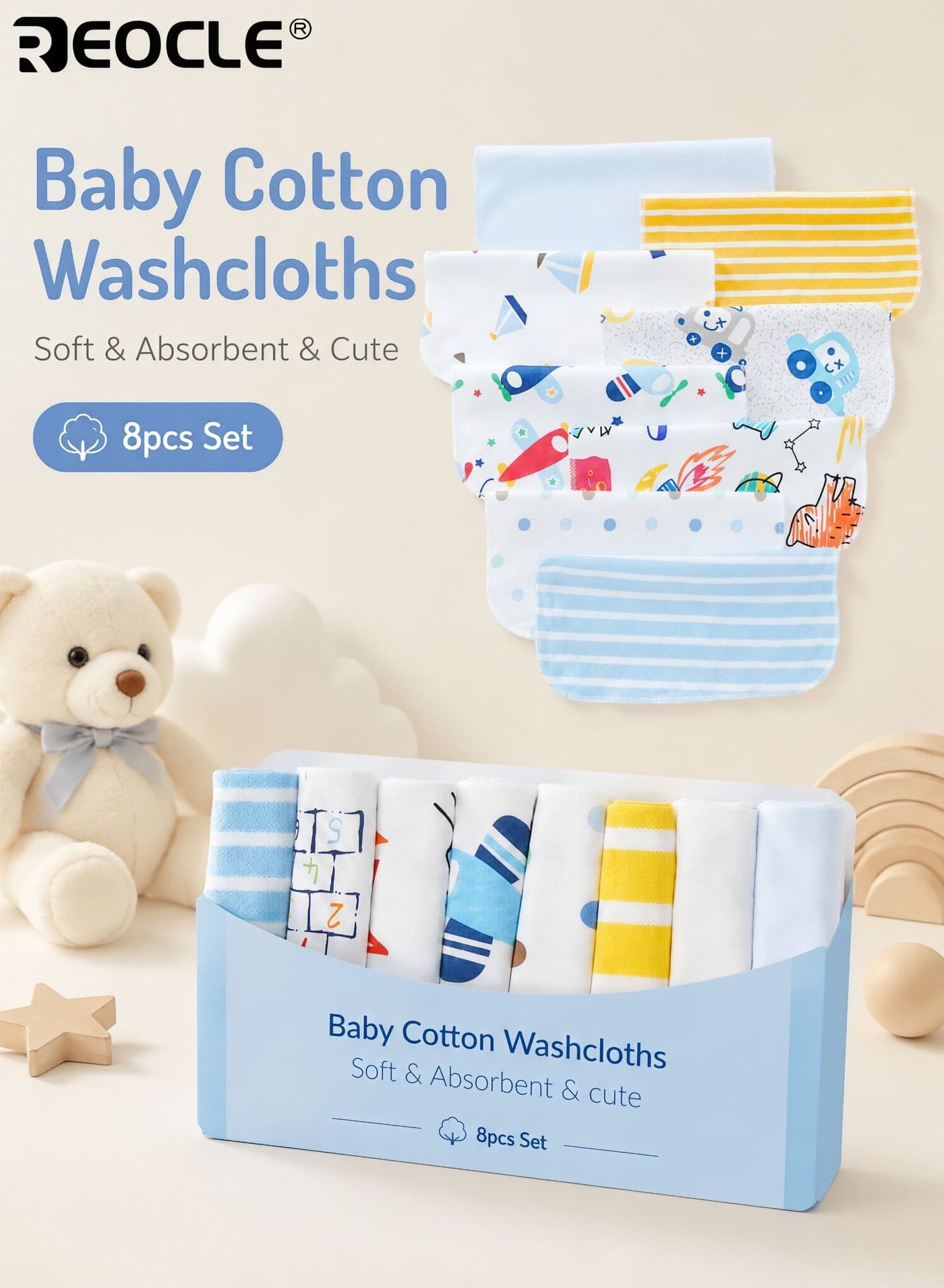 8Pcs Baby's Nursing Towels Soft Cotton Baby Washcloths with Cartoon Prints Absorbent Newborn Face and Burp Cloths for Daily Care Newborns Ideal Baby Shower Gift