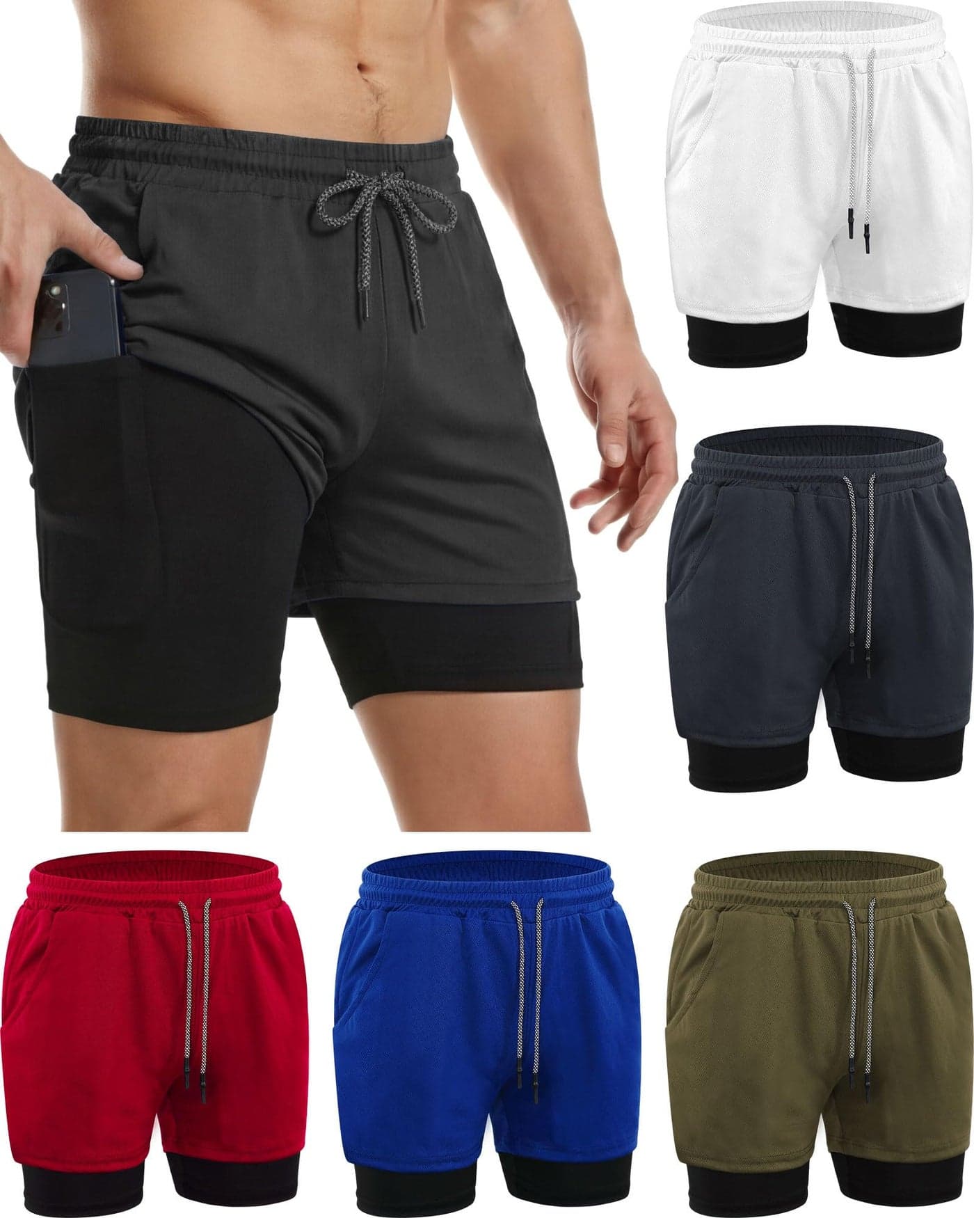 Sureio 6 Pcs Men's 2 in 1 Workout Running Shorts 5" Athletic Gym Shorts with Liner Quick Dry Shorts with Pockets Towel Loop(X Large,Bright Colors)