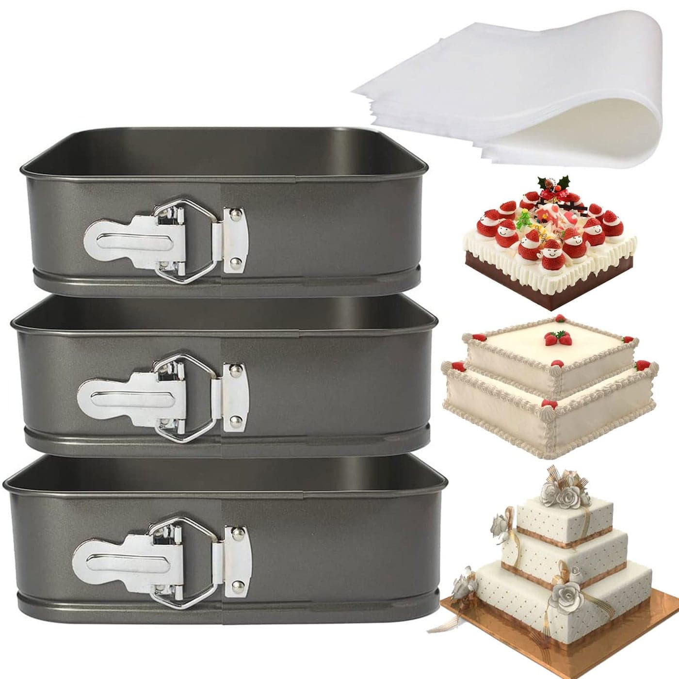 Lemengtree Springform Pan3 Pcs Nonstick Square 8 inch9 inch10 inch BakewareCheesecake Cake Pan with 50 Pcs Parchment Paper Liners3 Pieces