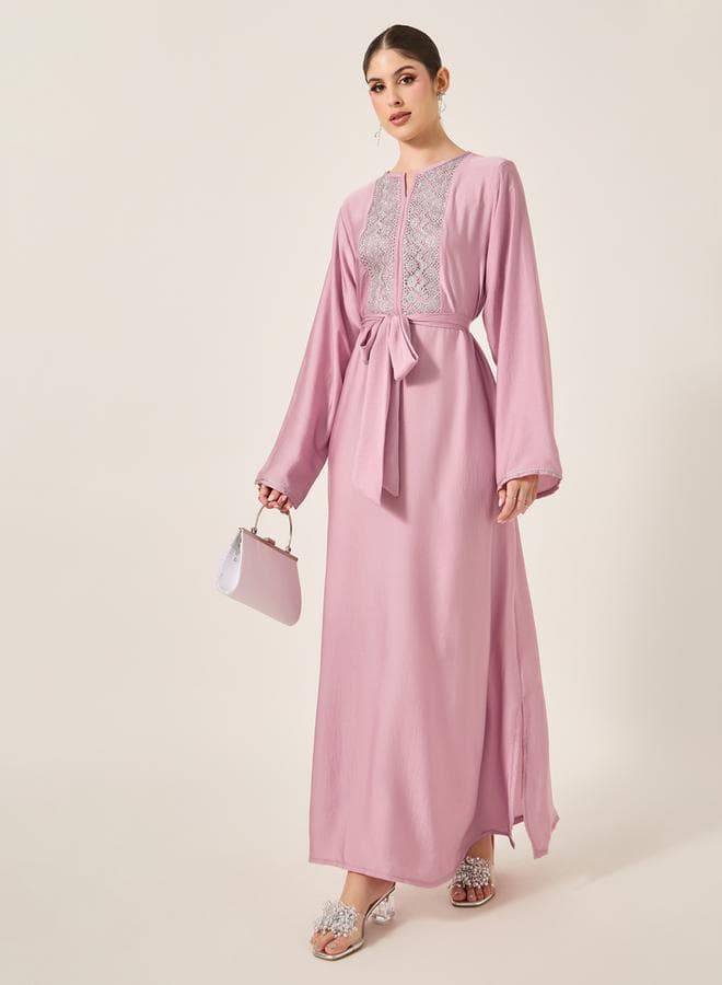 Satin Lace Insert Notch Neck Jalabyia
