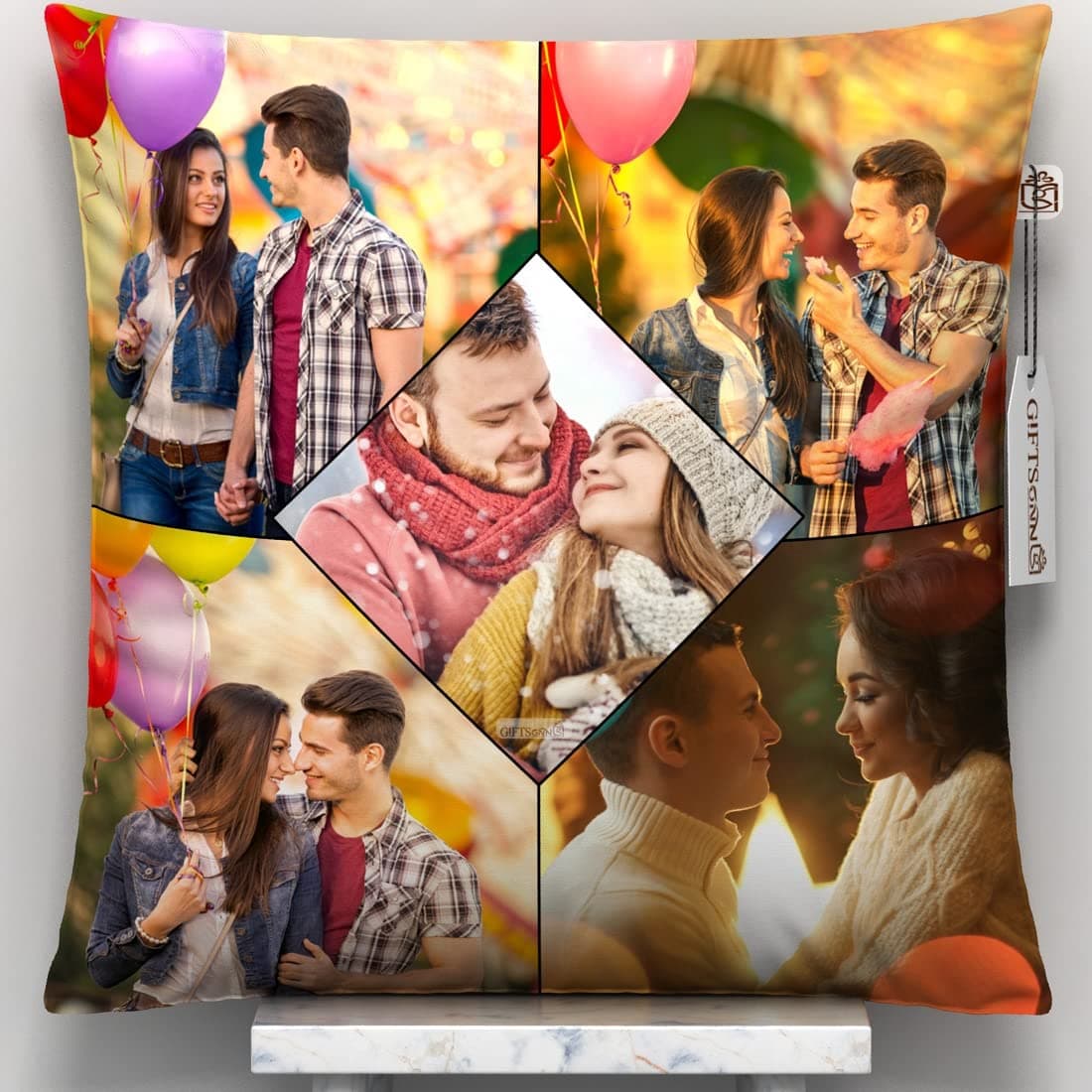 GiftsOnn Stylish Personalized 5 Pictures Cushion 12x12 inch White Color 1