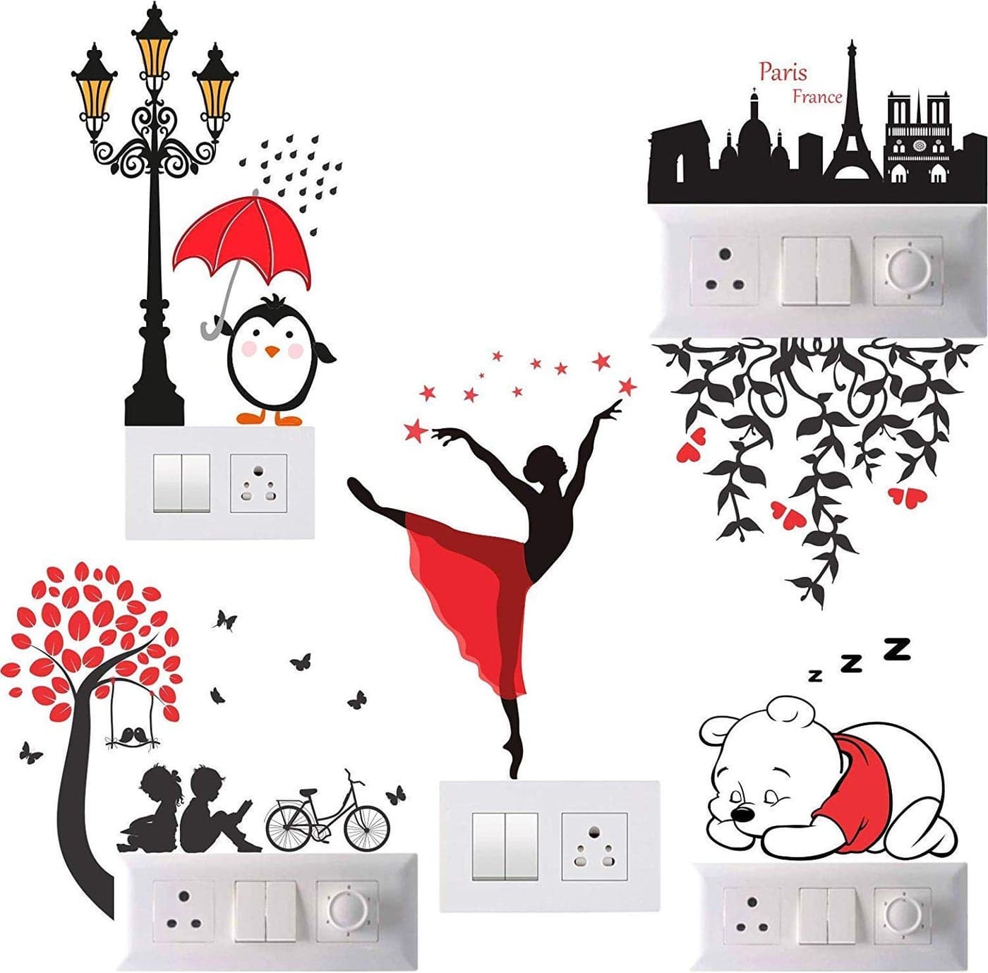 Techgifti Dancing Lady and Pooh PVC Switch Board/Wall Sticker (Multicolour) -Pack of 5