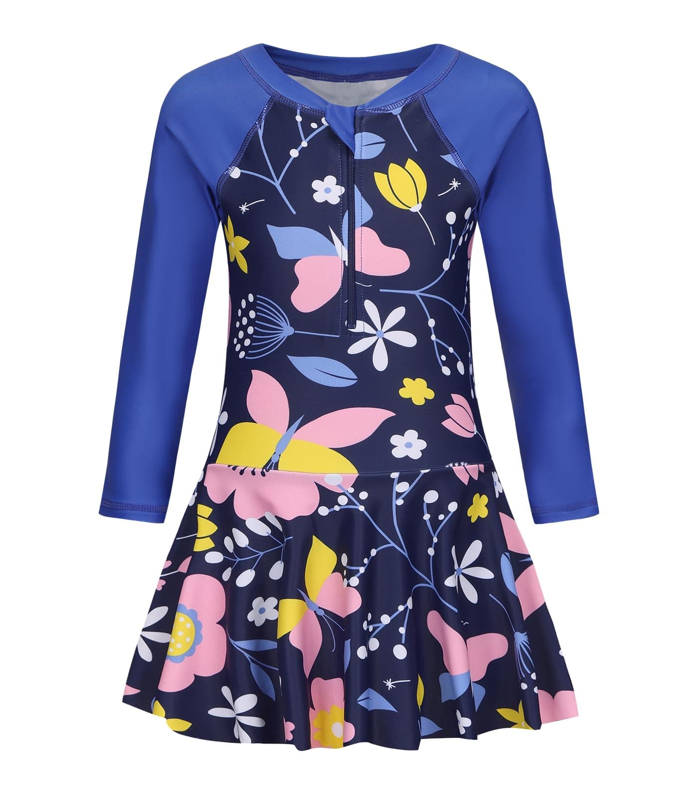 Lollisy Big Girls One Piece Swimsuits Long Sleeeve Swim Dress for Kids Girls Hawaiian Skirted Bathing Suits Summer Swimwear Amazing Navy Floral Size 12/10-12 Years