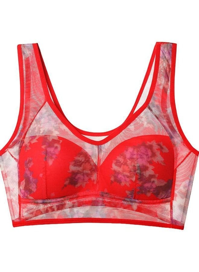 New Mesh Print Vest Bra | Plus Size, Wire-Free, Comfortable, Breathable, 3D Support, Designed for Plus Size Women (Red)