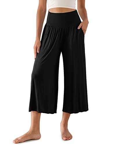 ODODOS Women's Wide Leg Palazzo Lounge Cropped Pants with Pockets Pajama Capri Pants-22 Inseam, Black, Large