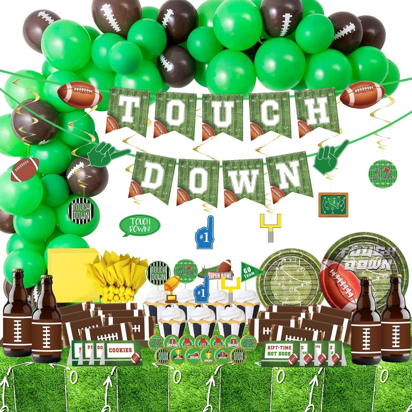 DMIGHT Football Party Supplies 178 Pcs Set Balloon Plate Cake Toppers Napkin Bottle Label Sticker Sign Swirl Decoration Banner Tablecloth for Football Birthday Party Gameday Decorations
