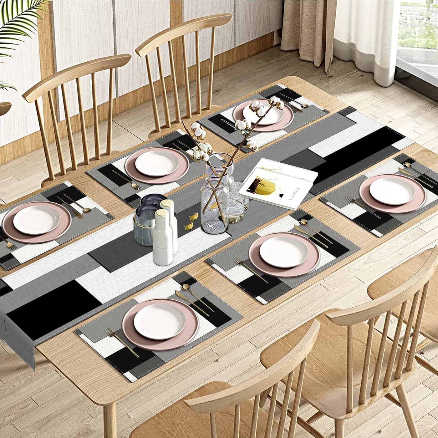 Emvency Black Grey Table Runner and Placemats Set of 6 Modern Geometric Abstract Painting Art Dining Decor for Daily Use1 Table Runner 72 inches Long and 6 Placemats