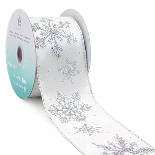 CT CRAFT LLC White Satin with Silver Snowflake Wired Ribbon 25 Inch x 10 Yards for Christmas Home Decor Tree Topper Bow Gift Wrapping DIY Crafts Wreath Garland