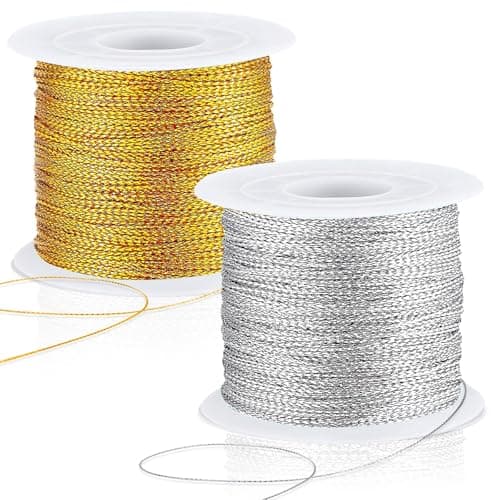 JUNEBRUSHS 218 Yards Christmas Metallic Ornament String Christmas Cording Gold String Hanger for Crafts Ribbon Metallic Cord for Ornaments Hanging Decoration Jewelry Making Gift Wrap Gold Silver