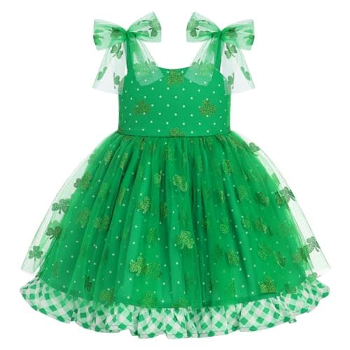 IMEKIS First St Patricks Day Baby Girl Outfit 1st Birthday Shamrock Dress White and Green Plaid Cake Smash Irish Leprechaun Photoshoot Toddler Tulle Gown for Kids Green 4 Leaf Clover 612 Months