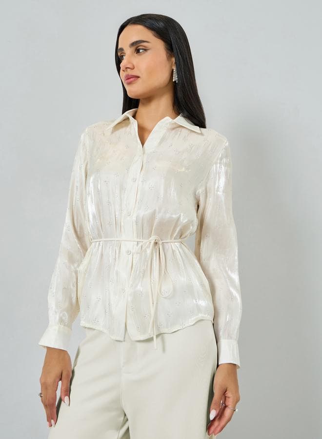 Off White Waist-Tie Embellished Shirt