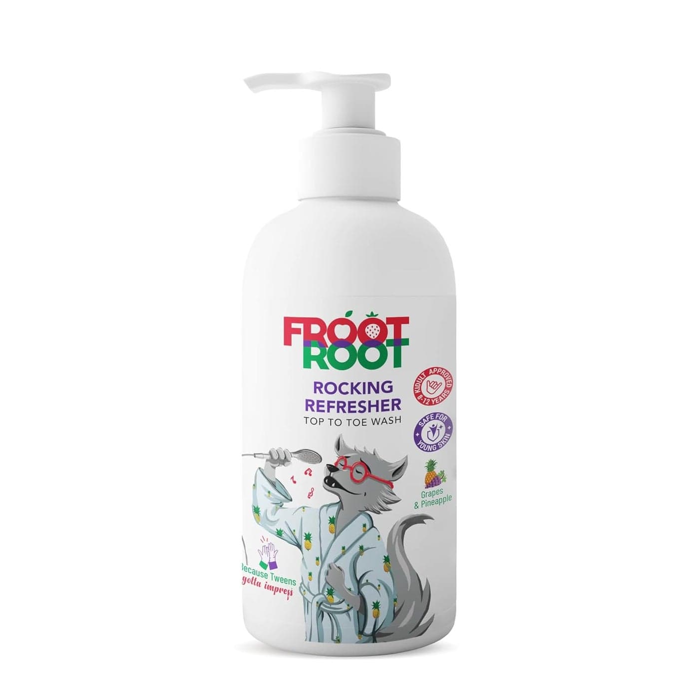Froot Root Rocking Refresher Top To Toe Wash Best Body Wash for Kids aged 512 300 ML 2 in 1 daily use bodywash and shampoo pro pH balance with grape and pineapple actives plus aloe vera tulsi neem and jasmine actives safe for young skin tested by moms and kids formulated by doctors