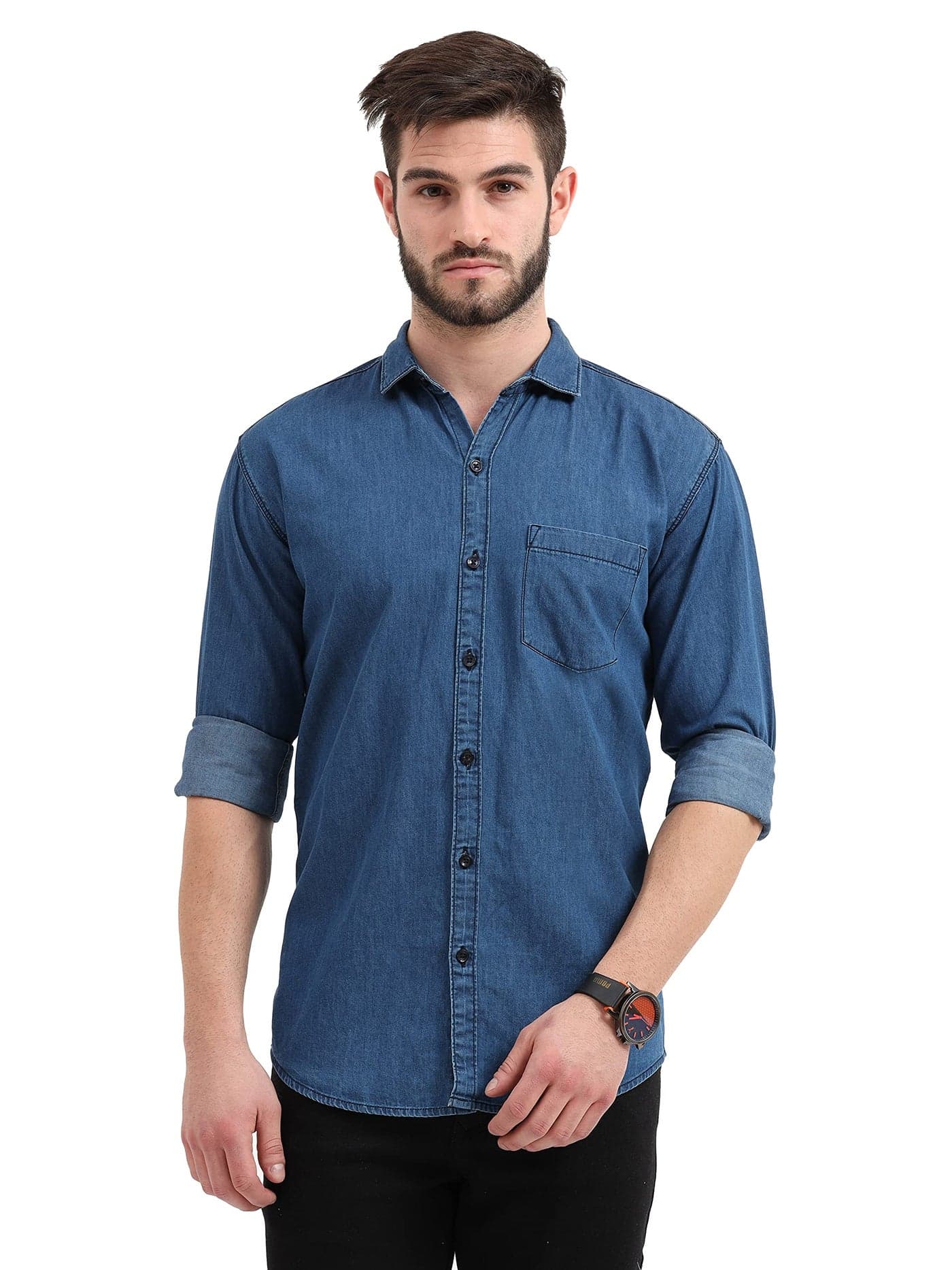 Miraan Men's Casual Light-Blue Denim Cotton Slim Fit Shirt (SIGLIGHTDENIMXXXXL_Light Blue_XXXX-Large)
