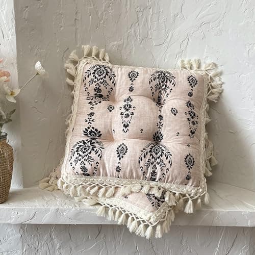 Huierxun Floral Printed Chair Pads with Tassels Boho Cotton Linen Square Chair Cushions 17x17x3 Inch Vintage Farmhouse Seat Cushion for Living Room Kitchen and Officewooden Chair (Khaki,17"x17")
