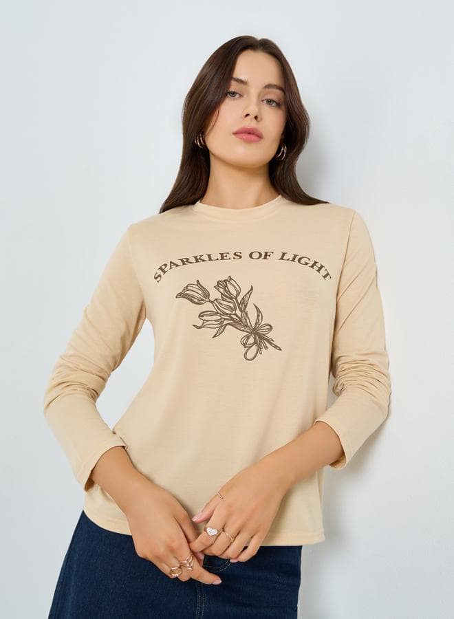 Beige Graphic Print Long Sleeve T-Shirt