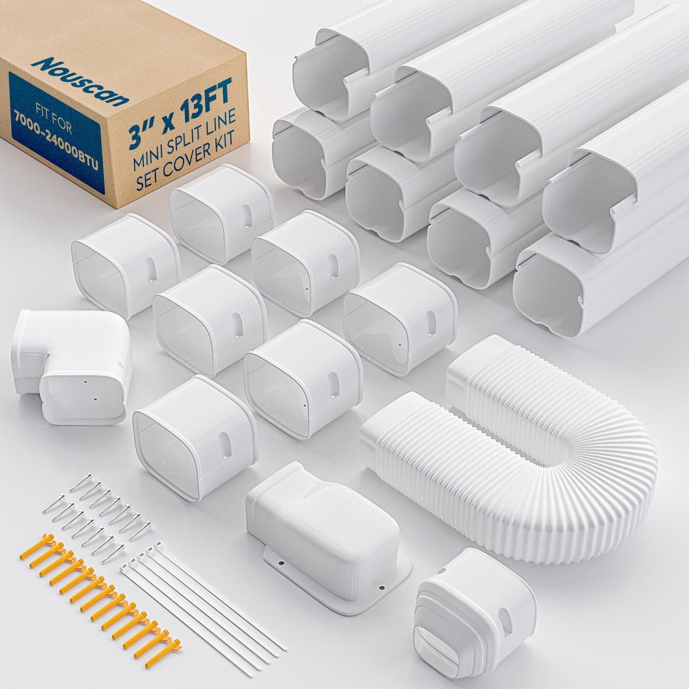Nouscan 3 13Ft Mini Split Line Set Cover with Flexible Duct Upgrade PP Decorative Minisplit Lineset Cover Kit Paintable for Mini Split Air Conditioner Central AC HVAC and Heat Pumps White