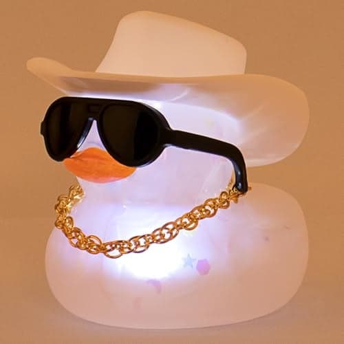 wonuu Cowboy Hat Rubber Duck with Light Transparent Glowing Rubber Ducks with Star Moon Sequins Car Ornament Dashboard Decoration Home Decor Birthday Gift with Sunglasses Necklace White Light