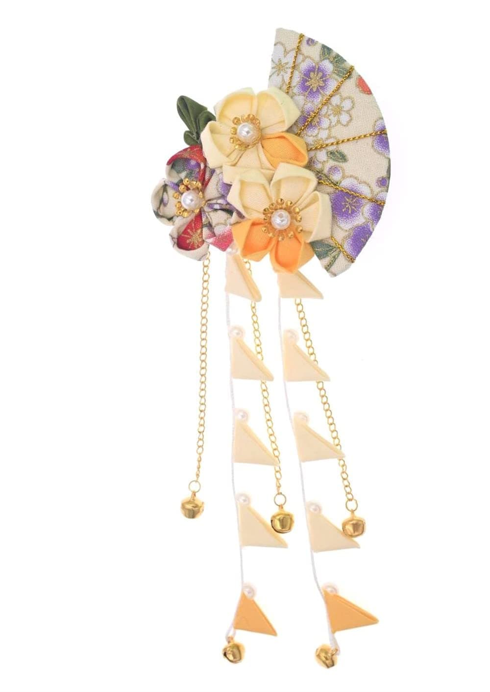 Womens Girls Japanese Kimono Flower Hair Clip Kanzashi Decor Hair Pin Hair Ornament Tie Band Clip Hanfu Accessories Yellow