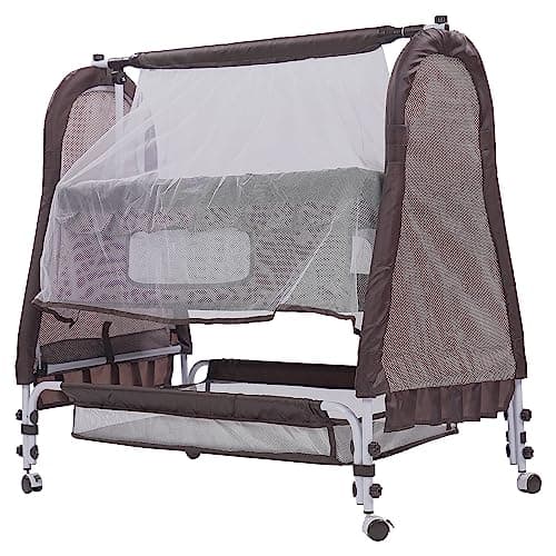 Pandaoriginals Premium Baby Cradles New Born Baby Sleep Swing Cradle/Jhula/Palna/Bed/Baby Bedding with Mosquito Protection Net, Mattress & Wheels and Cradle for 0-13 Months Baby Boys and Girls (Brown)