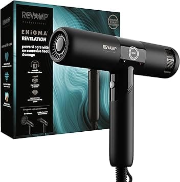 REVAMP Enigma Revelation Ionic Portable Hair Dryer Brushless Motor for Quiet Powerful Fast Drying Lightweight Blow Dryer Cold Setting 3 Magnetic Attachments for Salon Professional Styling