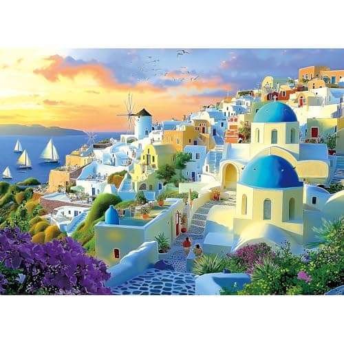 1000 Piece Adult Jigsaw Puzzle Santorini Greece Sunset Beautiful Blue Domed Churches Aegean Sea Village Landscape Puzzle with Letters on Back for Adults Seniors Game Night