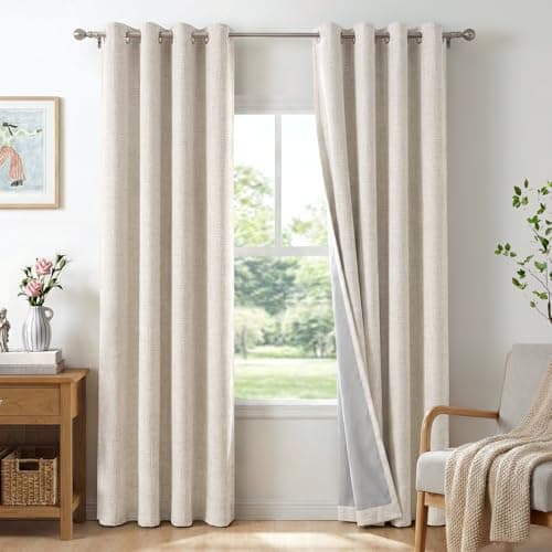 100% Blackout Shield Linen Blackout Curtains for Bedroom 72 Inches Long, Beige Grommet Curtains for Living Room, Thermal Insulated Room Darkening Drapes for Nursery, 50" W x 72" L, 2 Panels
