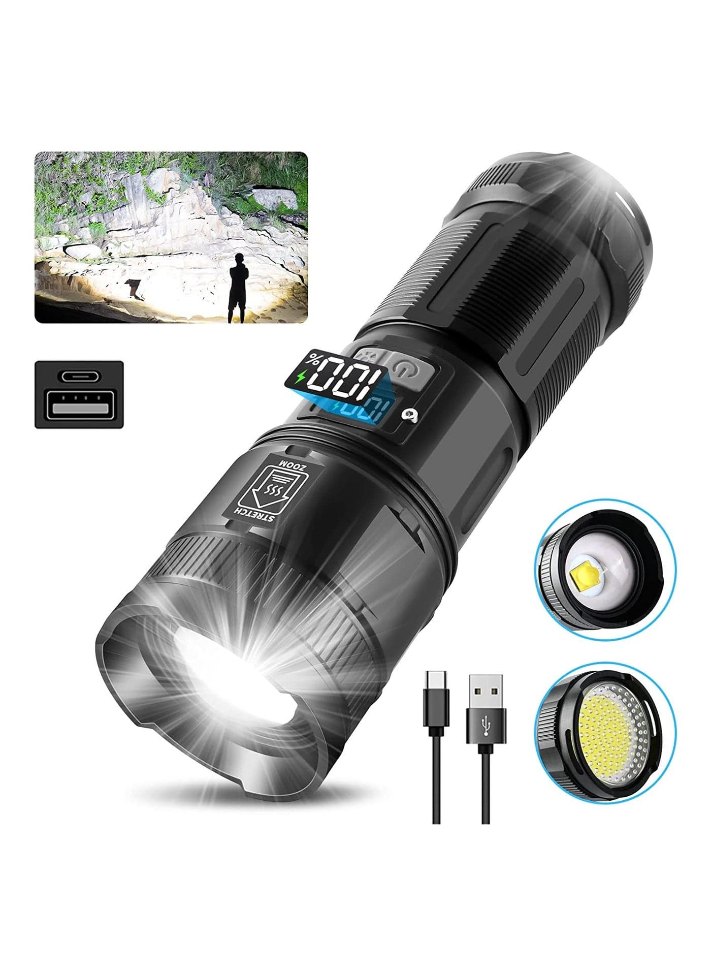 Rechargeable Flashlights High Lumens, 120000 Lumens Super Bright Led Tactical Flashlights with COB Work Light, High Powered Flashlight for Emergencies Camping Hiking