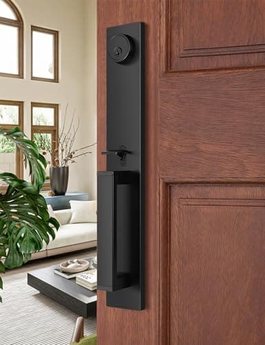 Tinewa 2 Pack Full Escutcheon HandleSet Front Door Entry Handle and Deadbolt Lock Set Slim Square Single Cylinder Deadbolt and Lever Heavy Duty – Matte Black Finish