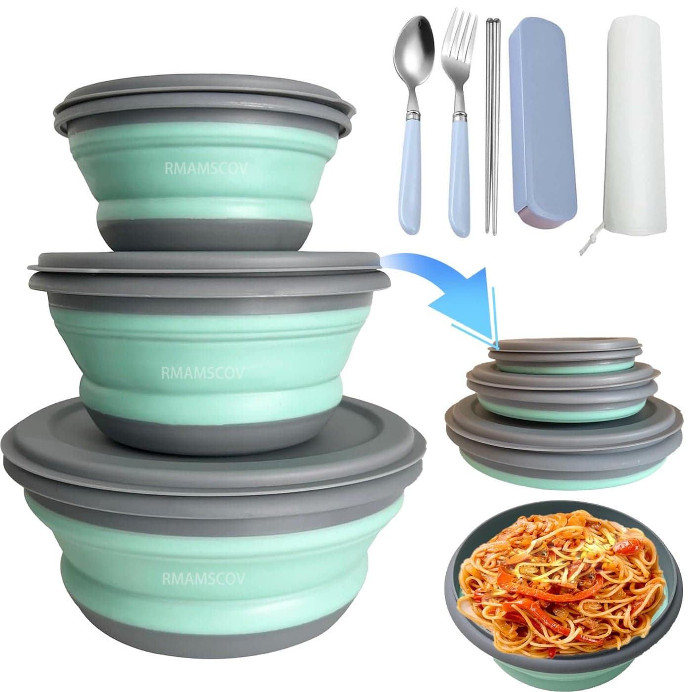 RMAMSCOV Collapsible Camping Bowl with Lid Silicone Salad Bowl Serving Microwave Foldable Soup Ramen Serving for Travel Picnic RvBlue