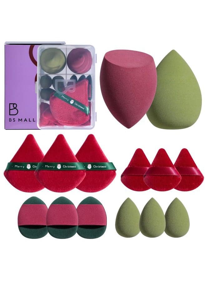 Makeup Sponge Set BS-MALLTriangle Puff 14 Pcs for Liquid, Cream, and Powder, Multi-colored Makeup Sponges and Mini Makeup Sponge (Green Red)
