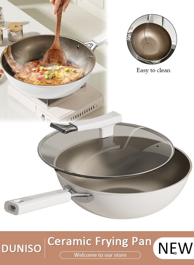 Titanium Ceramic Lightweight Frying Pan Skillet Thickened Bottom,30cm Healthy Non-Stick 0 Fluorine Washable Coating Pans with Heat-Resistant Hanging Handle Thickened Glass Lid,Durable Wear and High Temperature Resistance Omelette Pan Compatible with All Stovetops,Ideal Frying, Cooking, Sauteing