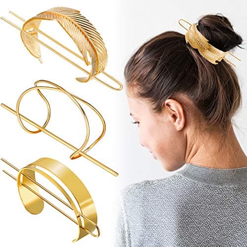 3 Pieces Gold Hair Accessory Set: Feather X-Shaped Bun Clip, Stick and Round Top