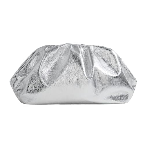 PHILOMENA Dressy Vegan Leather Clutch Purse for Women, Soft Pleated PU Evening Purse for Weddings, Proms (Silver)