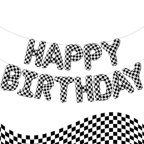 Racing Cars Themed Happy Birthday Banner Party Decorations Kit with Racing Cars Balloons Checkered Backdrop Supplies for Boys Kids Indoor Outdoor Celebration Themed Party Essentials Car BlackWhite
