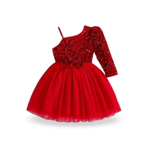 Niren Enterprise Baby Girl's Embroidered Pattern Polycotton Blend Frock Dress with One Shoulder Sleeve Knee Length and Fit & Flare