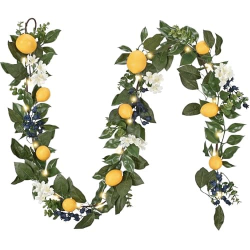 Valery Madelyn 6ft PreLit Lemon Garland with Greenery Thin Spring Summer Garland for Mantle with Lights Artificial Fruit Vine for Stairs Fireplace Table Farmhouse Kitchen Home Wall Party Decor