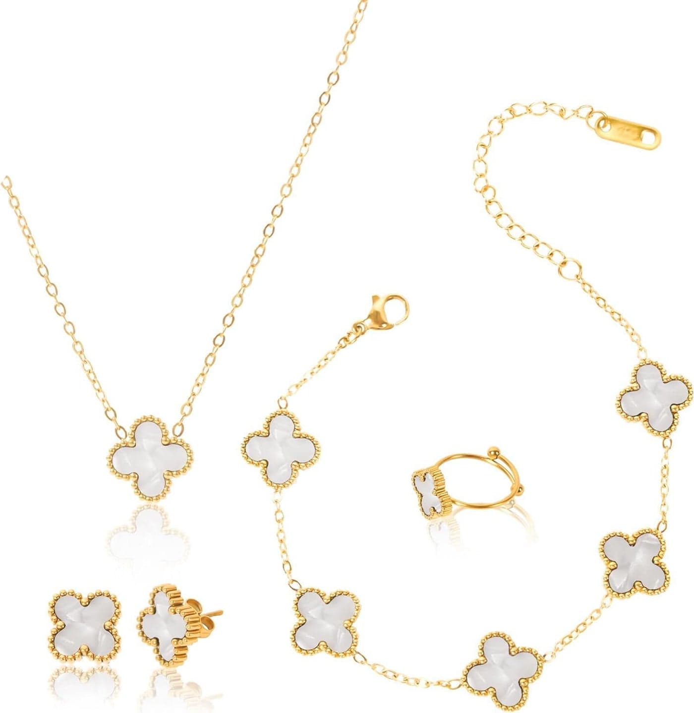 Shining Diva Fashion Latest Stylish Clover Ring Earrings Bracelet Chain Pendant Combo Gifts Necklace Jewellery Set for Women & Girls (16151s) (White)