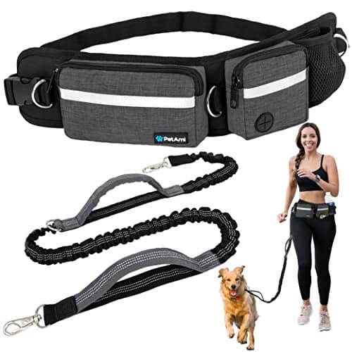 PetAmi Hands Free Dog Leash, Dog Running Leash Belt Bag for Walking, Jogging, Dog Waist Double Zipper Pouch with Poop Bag Dispenser, Dual Padded Handles Reflective Bungee Leash, Single (Charcoal Grey)