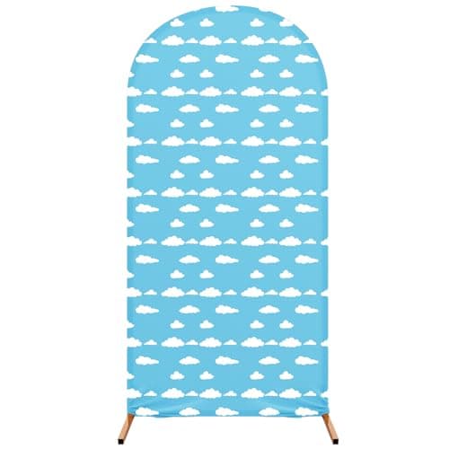 RimCereal 7.2 ft Cartoon Arch Backdrop Cover Blue Sky and White Clouds Arch Spandex Stretch Backdrop Stand Cover for Wedding Birthday Banquet Ceremony Decoration(White Cloud)