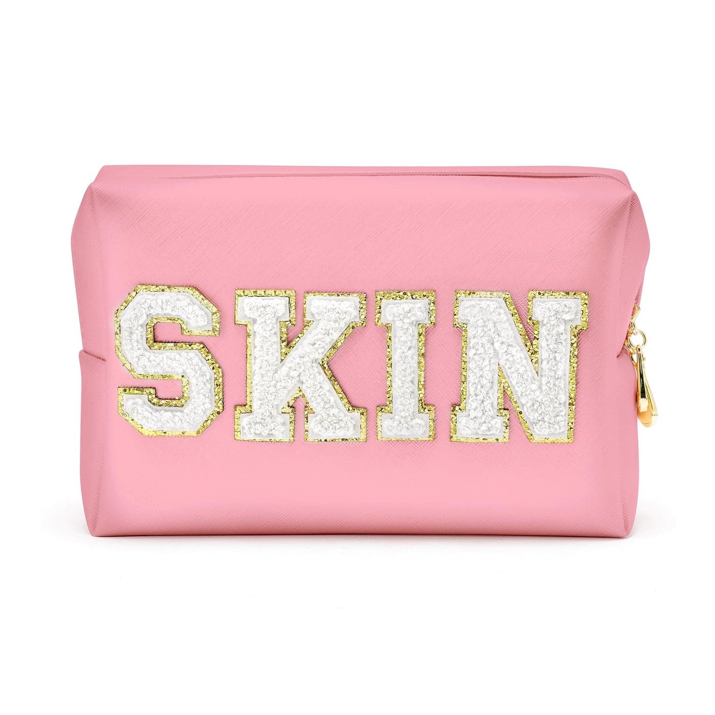 Y1tvei Preppy Patch SKIN White Letter Pink Cosmetic Toiletry Bag PU Leather Portable Makeup Bag Daily Use Storage Pouch Toiletry Purse Waterproof Organizer for Travel Varsity Women Girls TeensPink