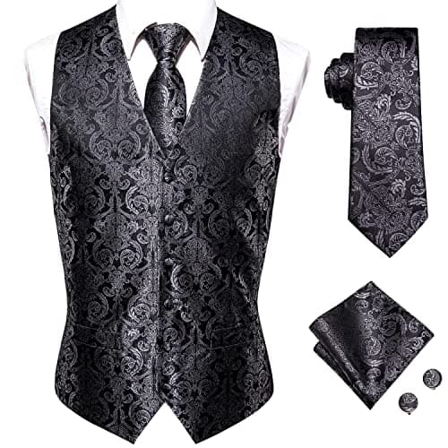 Hi-Tie Black and Silver Flower Vests and Tie Set for Men Silk Suit Vest Jacquard Formal Dress Waistcoat for Tuxedo Wedding Party Business