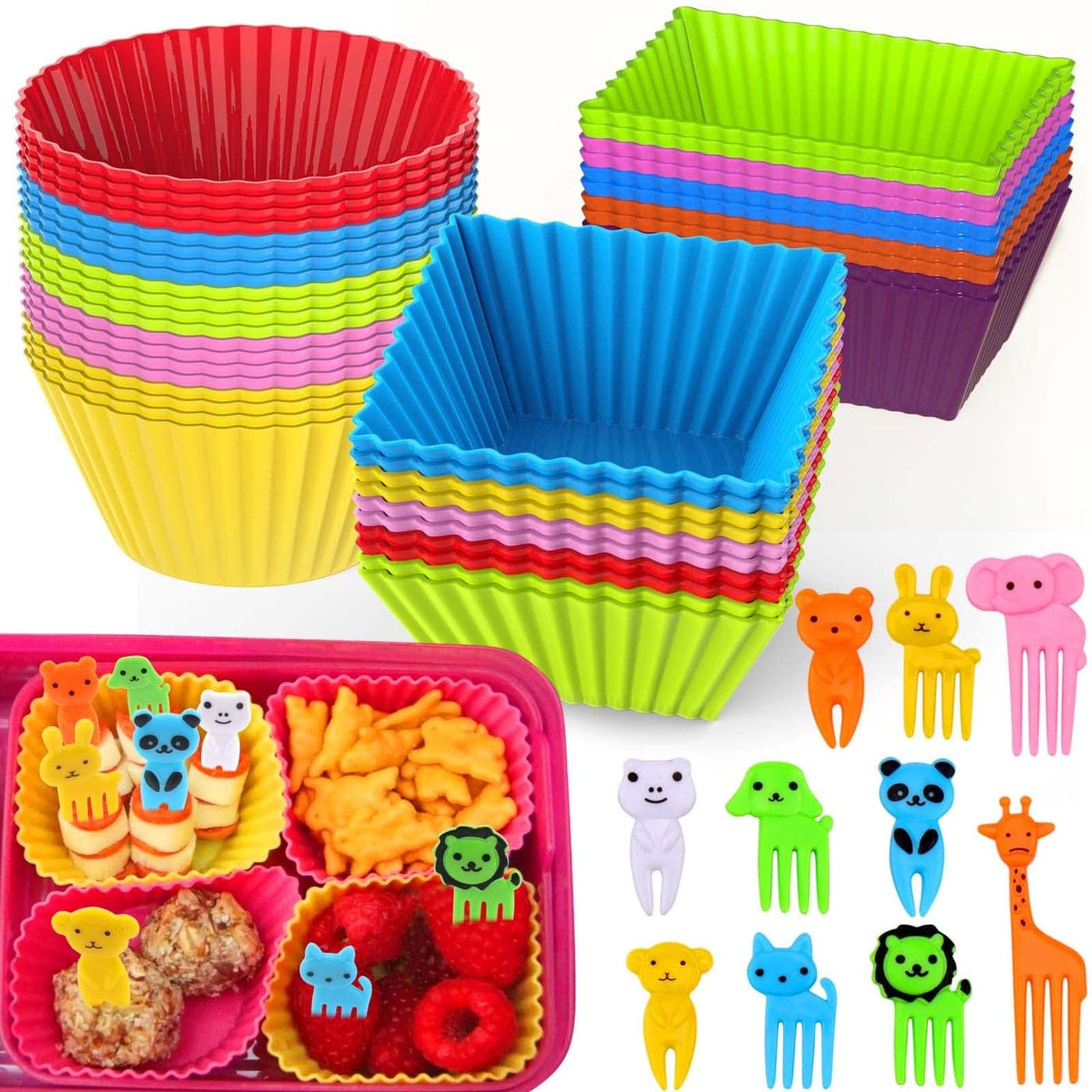 XANGNIER 60 Pcs Silicone Lunch Box Dividers with Animal Food PicksReusable Lunch Bento Box Accessories for KidsLunchbox Supplies AccessoriesBack to School Lunch EssentialsSilicone Cupcake Liners