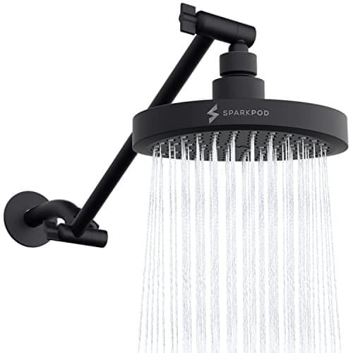 SparkPod Round Rain Shower Head with Extension Arm - Height Adjustable Shower Head with High Pressure Performance - Easy 1-Minute Installation (11" Arm Extension, Midnight Black Matte)