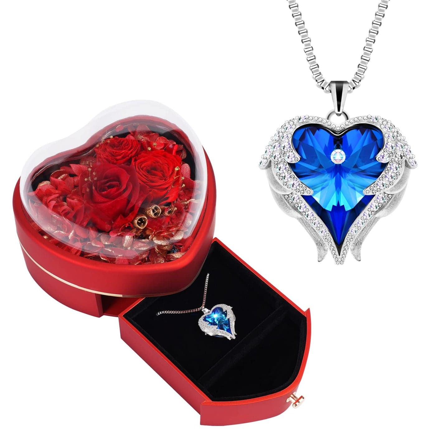 JLQPTX Preserved Rose with Angel Wings Necklace Gift Set for WomenEternal Rose Gifts for Mom Grandma on Mothers day Heart Shaped Preserved Rose Box Gift for Her on Valentines day Anniversary